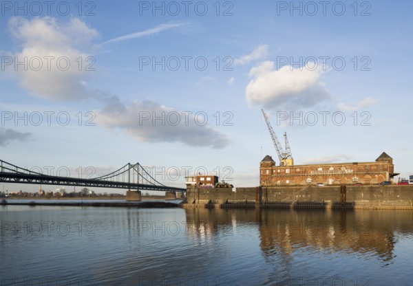 Krefeld-Ürdingen, Rhine harbour, warehouses and Rhine bridge