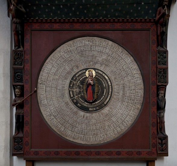 Astronomical clock 1464-70 by Hans Düringer, lower dial with crescent moon Madonna in a halo, St.,
