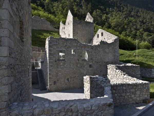 Italy S-Tyrol Mühlbacher Klause south front v SE detail. The hermitage is located a few kilometres