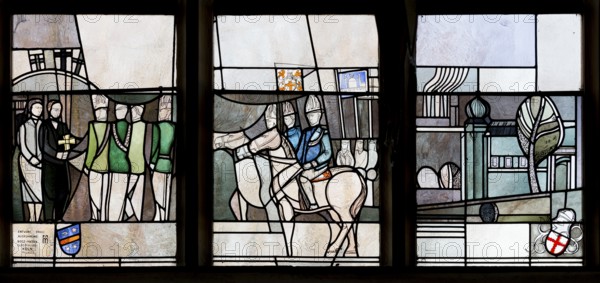 Modern window north side with depiction of Gymnicher Ritt (design: Pauli), St., Sankt, Saint