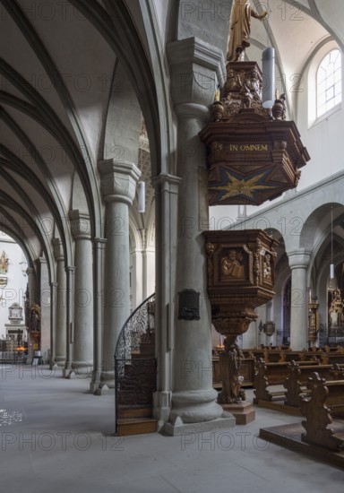 Constance, cathedral, interior, north aisle facing east with Romanesque columns and baroque pulpit