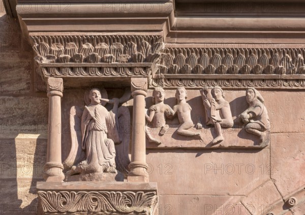 Basel, Cathedral (Basel Minster), north transept, Galluspforte, angels with the resurrected rising