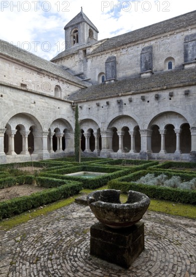 Cistercian monastery founded in 1148, cloister courtyard and church from the south-west, washbasin