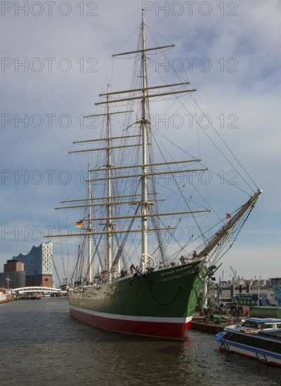 Hamburg harbour, museum ship RICKMER RICKMERS, Elbphilharmonie at the back left