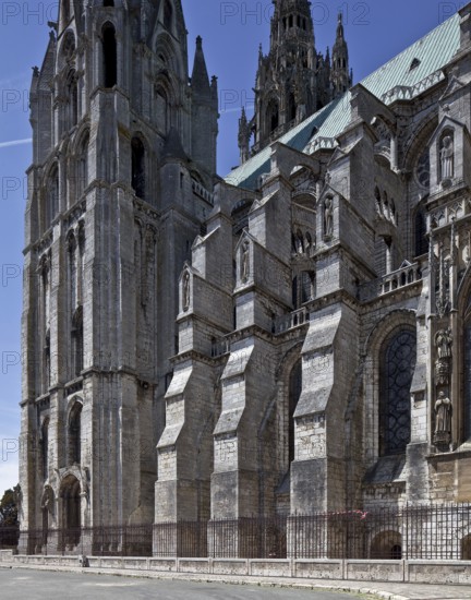 1195-1260 Main construction period, partial view from south-east, nave and towers on the left,