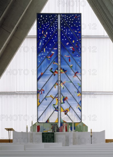 View into the tent-like interior towards the altar with glass picture, St., Saint, Saint