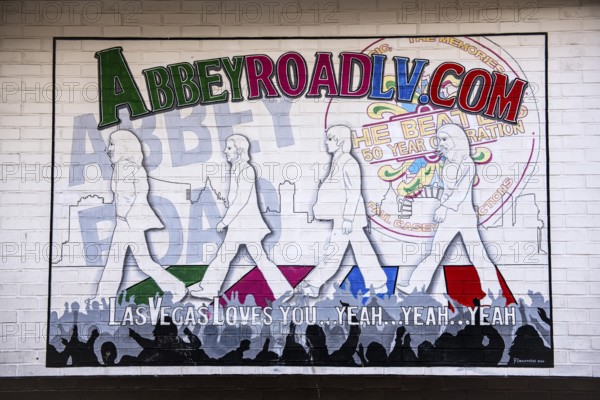 Sign in honour of the Beatles who crossed the zebra crossing here, Freemont Street, Las Vegas,
