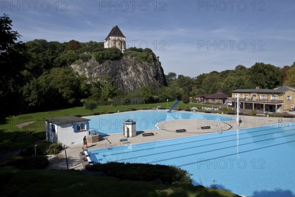 View from the east, in front Felsenbad, outdoor pool, St., Sankt, Saint