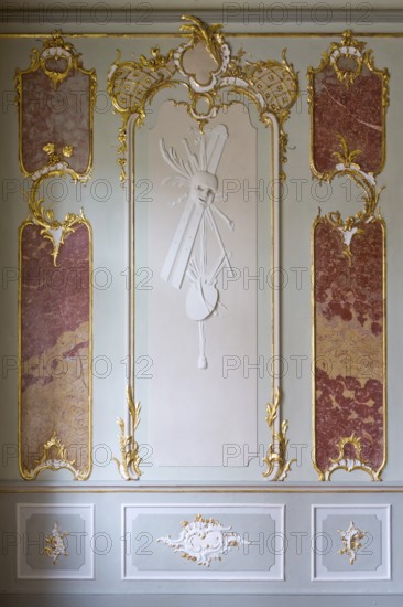 Rococo hall, stucco detail, allegory of the arts