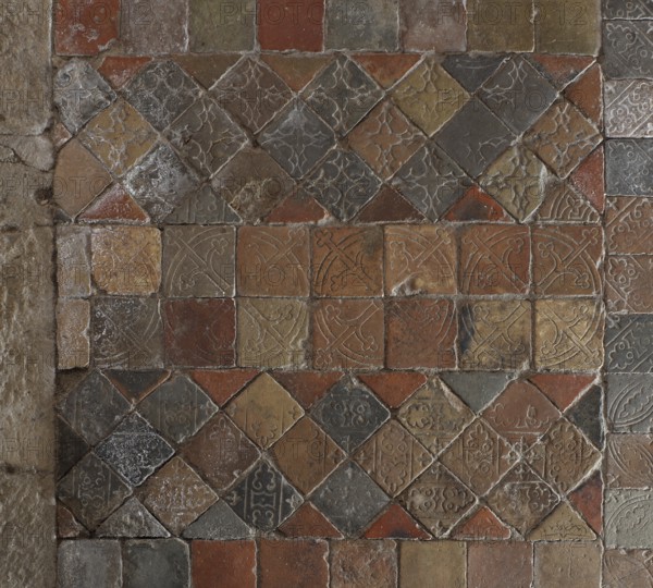 Monastery church, floor detail with Romanesque tiles, St., Sankt, Saint