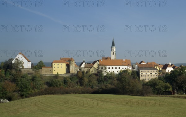 City wall with parish church from south-east, St., Sankt, Saint