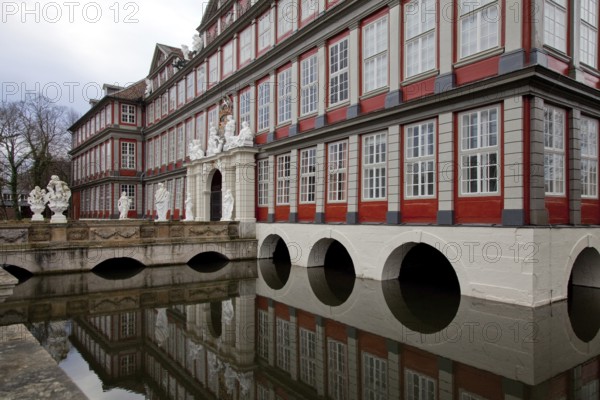 Wolfenbüttel Castle Portal façade partial view with moat and castle bridge present appearance