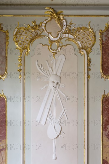 Rococo hall, stucco detail, allegory of the arts