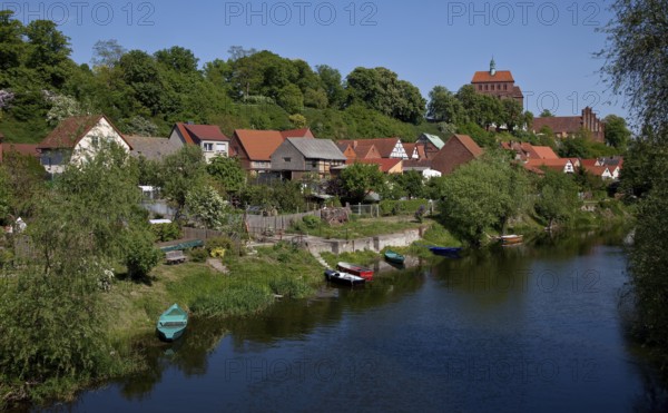 Distant view from the west with moat and houses on Bischofsberg, St., Sankt, Saint