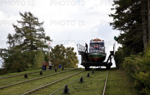 Rollberg (inclined planes), on which the ships are transported over land on rail wagons using a