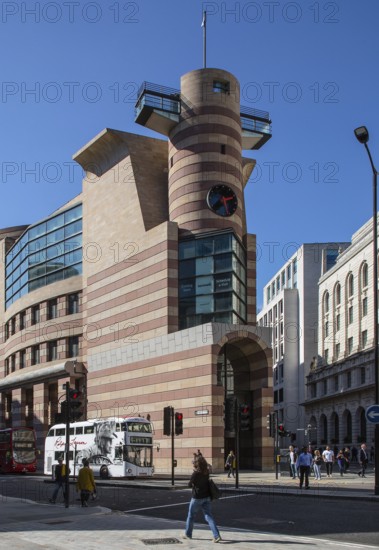 London, Queen Victoria Street. Postmodern head-end building on Queen Victoria Street designed by
