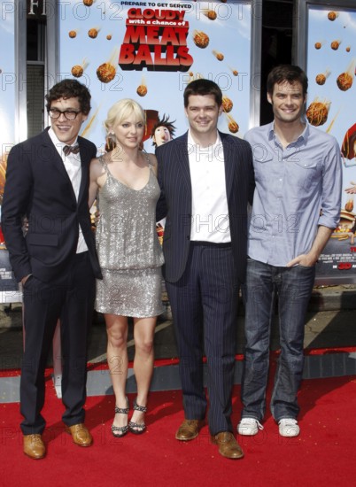 Phil Lord, Anna Faris, Chris Miller and Bill Hader at the Los Angeles premiere of 'Cloudy With A