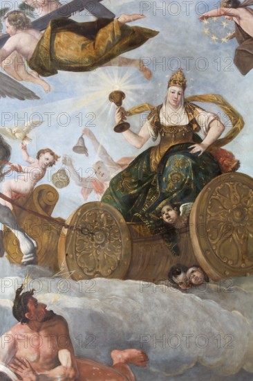 Hall on the upper floor, ceiling fresco allegory of the church (?) Chariot, St., Saint, Saint