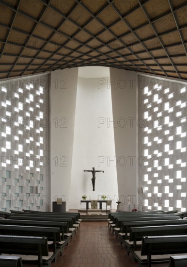Built in 1963 by Walter and Rainer Blaich, view to the altar, wooden ceiling in the shape of a