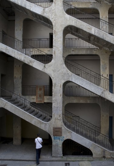 Staircase, Traboules in the Croix-Rousse district with a plaque commemorating the first labour