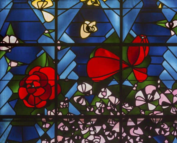 Built in 1954-1955 by Gottfried Böhm, window wall behind the altar, detail with roses