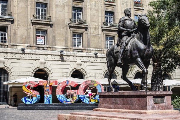Equestrian statue, Don Pedro de Valdivia, Plaza de Armas, Santiago de Chile, Chile, South America