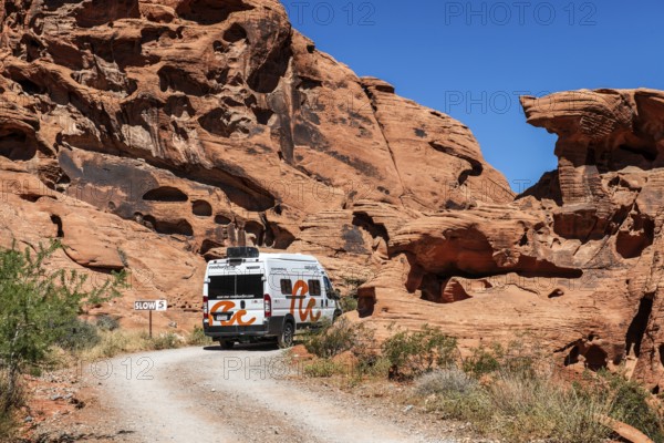 Motorhome at Atlatl Rock Campground, Valley of Fire State Park, Nevada, USA, North America