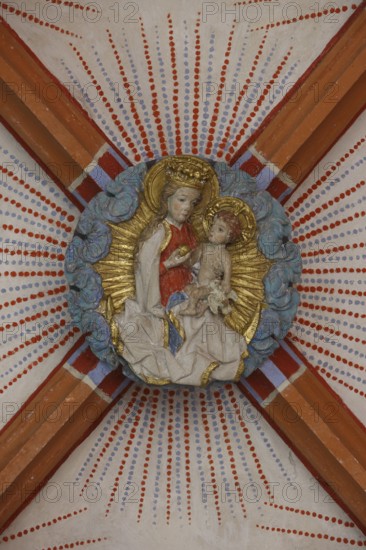 North aisle, vault in the 4th bay, keystone, Mary with child Church of St., Church of St., St., St