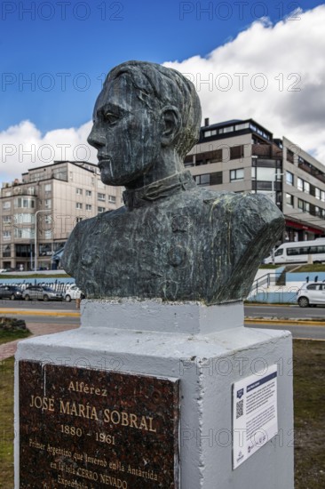 Jose Maria Sobral bronze bust in the harbour of Ushuaia, Argentina, South America