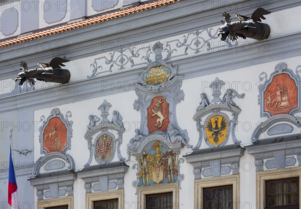Nam. Premysla Otakara II, town hall, built 1727-1730 by Martinelli, coat of arms and gargoyle