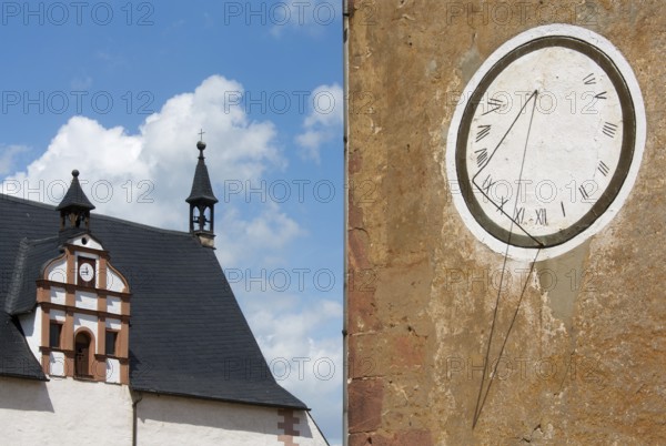 Monastery church from the south-east, in front of it sundial on the abbey house, St., Sankt, Saint