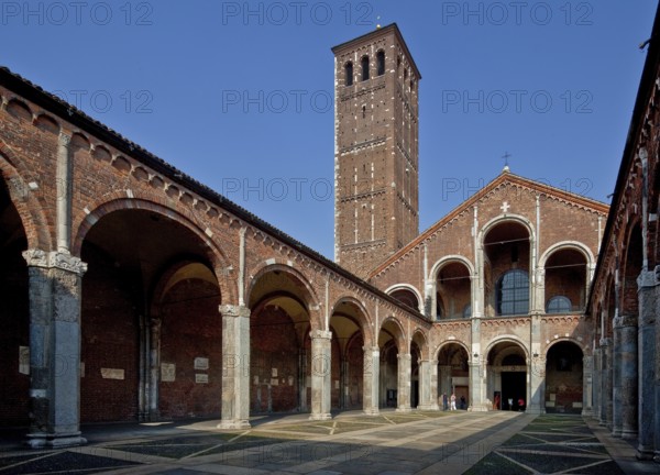 Italy Milan Milan Church of San Ambrogio 12th century Atrium inside m Campanile dei Canonici right