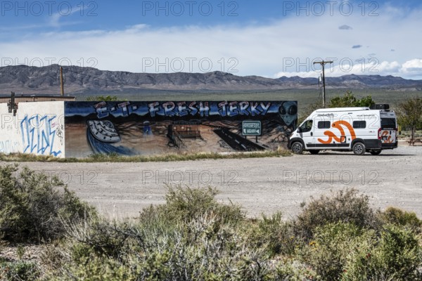 Motorhome in front of the E.T. Fresh Jerky Shop, Extraterrestrial Highway, Rachel, Nevada, USA,