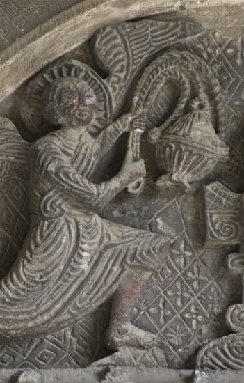 West portal, tympanum, left angel, St., Saint, Saint