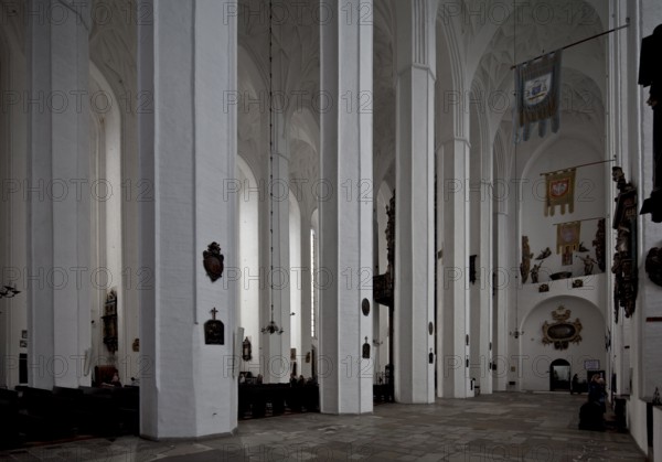North aisle facing south-west with church flags and view into the nave, St., Sankt, Saint
