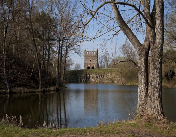 Hundisburg, ruined tower seen from the east of the former church of the village of NORDHUSEN, which