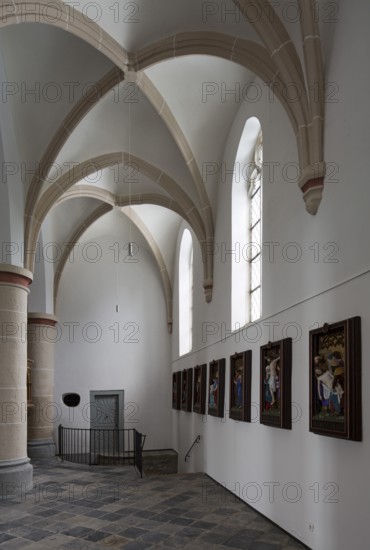 North aisle, view to the west with the Stations of the Cross and exit to the crypt, St, Saint,