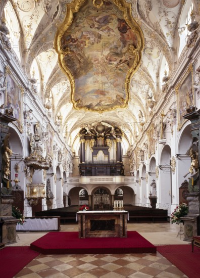 View from the choir, through the nave to the baroque organ, modified by Egid Quirin Asam, St.,