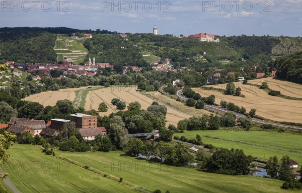 Freyburg Unstrut town view. From the west in front water mill Zeddenbach above town Freyburg with
