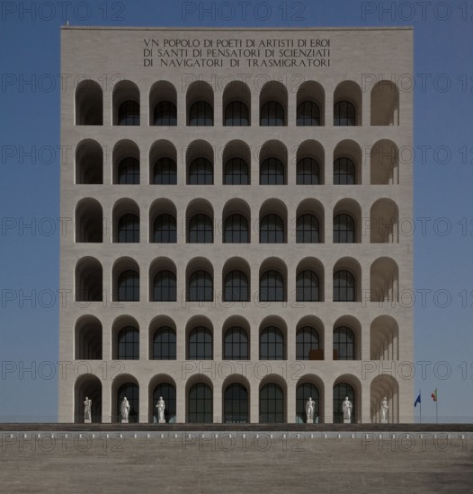 Begun in 1937, so-called rectangular Colosseum, Colosseo quadrato, height 68m, from north-west, On
