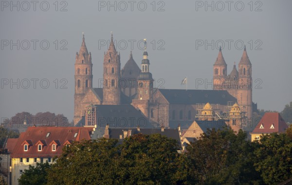 Worms, St Peter's Cathedral, view from north-east over the Rhine, in front of it the tower of the