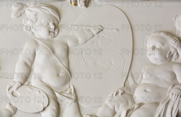 Rococo hall, stucco detail, putti painting