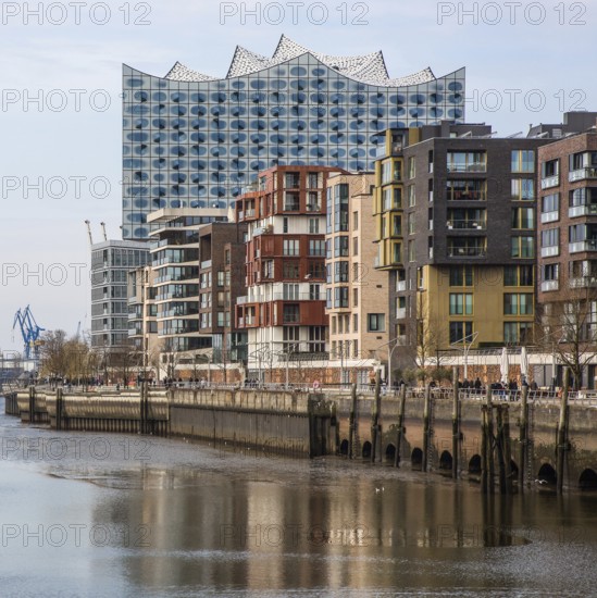 Hamburg, Elbphilharmonie, distant view from the east over the Sandtor harbour, designed by Herzog &