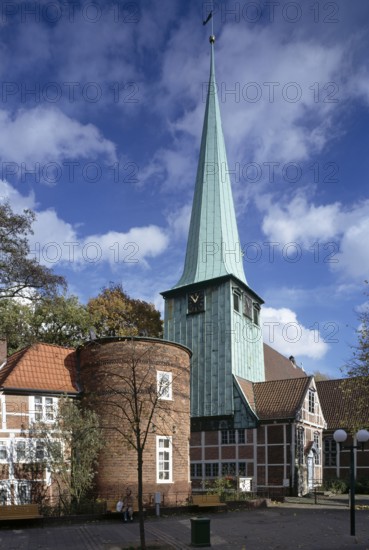 Exterior view from the west with organist's house and round tower from 1836, St., Sankt, Saint