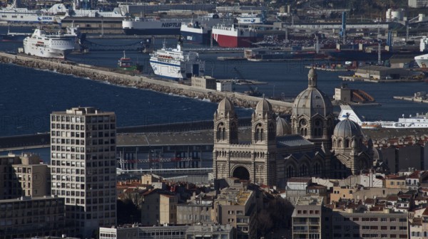 Marseille, view from the Basilique Notre-Dame-de-la-Garde to the Cathedrale de la M