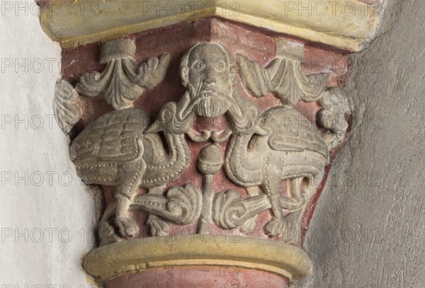Brauweiler near Pulheim, St Nicholas Abbey Church, choir, capital, two fantasy birds and mask