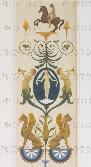 Staircase, mural of mythical creatures, griffins