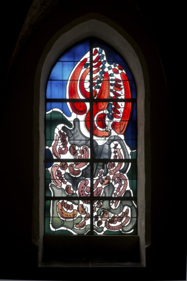 West building, stained glass window by Wilhelm Buschulte, Archangel Michael with the dragon, St.,
