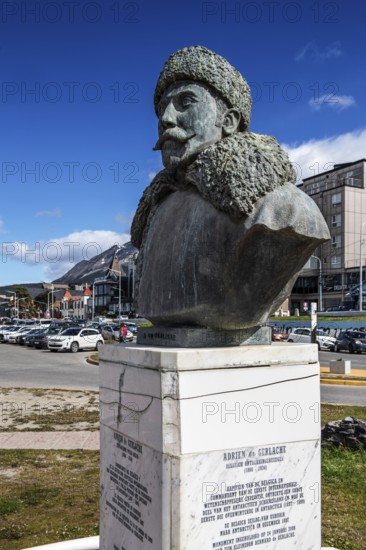 Adrien de Gerlach bronze bust at the harbour of Ushuaia, Argentina, South America