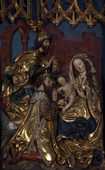 Main altar by Veit Stoß 1477-1489, lower left wing: Adoration of the Magi, St., Saint, Saint